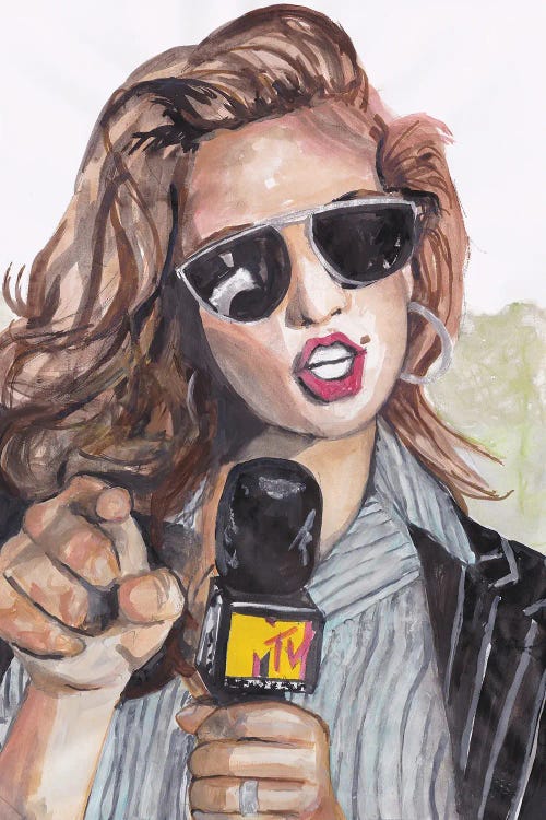 Wall art of Cindy Crawford wearing sunglasses and speaking into MTV mic by iCanvas artist Kats Illustration