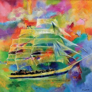 Maritime art of a technicolor painting of a ship with several sails by iCanvas artist Pol Ledent