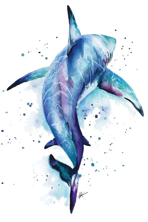 Animal art featuring the back of a blue shark with blue paint spatters around it by new artist Lindsay Kivi