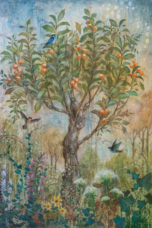Painting of an apricot tree in a forest surrounded by greenery and birds by new creator Lisa Marie Kindley