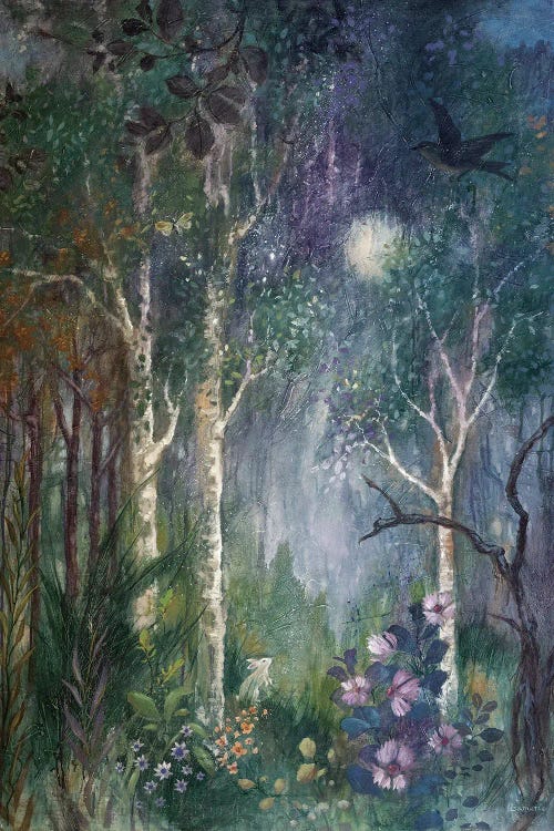 Painting of a moonlit forest featuring purple flowers and greenery and a small rabbit by Lisa Marie Kindley6