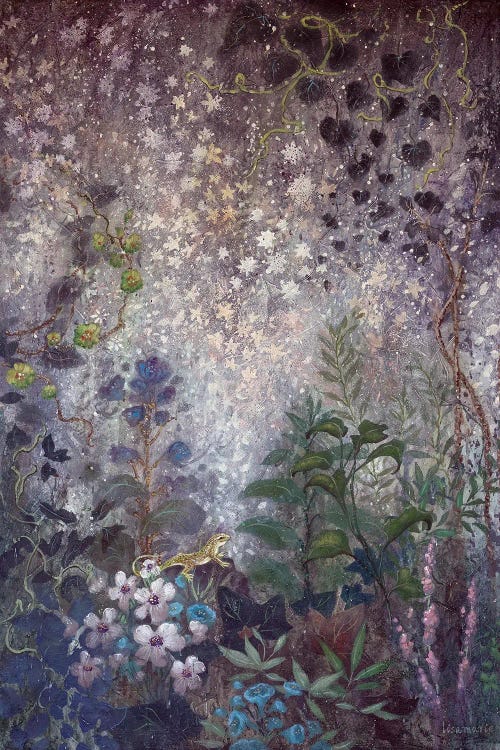 Painting of a purple enchanted forest featuring greenery, flowers and stars by new artist Lisa Marie Kindley