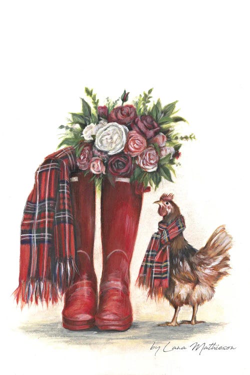 Wall art of red rain boots with a bouquet of roses in them next to a red hen wearing a red tartan scarf