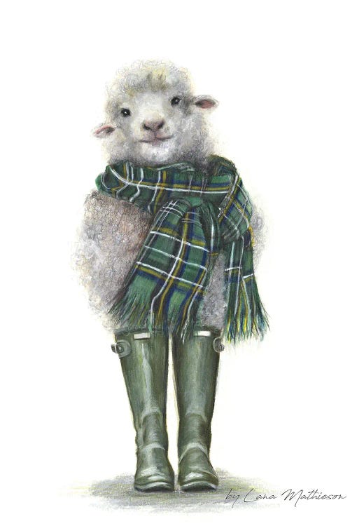 Wall art of a lamb wearing green rain boots and a green plaid scarf by new iCanvas creator Lana Mathieson