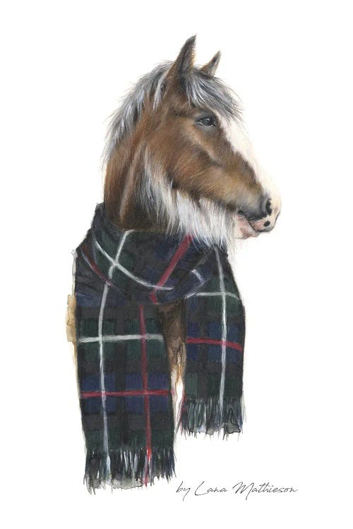 Wall art of a brown clydesdale horse wearing a black, blue, white and red plaid scarf by new iCanvas artist Lana Mathieson
