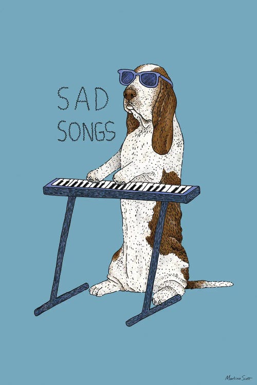 Wall art of a basset hound in sunglasses playing “sad songs” on keyboard by iCanvas artist Matina Scott