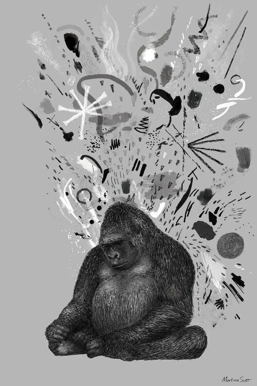Black and white illustration of a gorilla with scribbles and shapes above his head by new artist Martina Scott