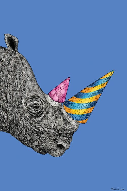 Wall art of a rhino with party hats on his horn against a blue background by new iCanvas artist Martina Scott