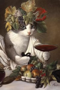 Renaissance pet portrait of cat dressed as the Roman god of wine by iCanvas artist Melinda Copper