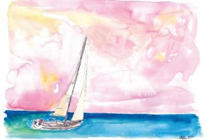 Maritime art of a watercolor sailboat on the blue sea against a pink sky by iCanvas artist Markus and Martina Bleichner