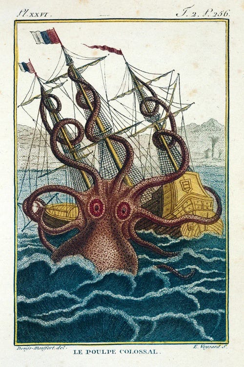 Illustration of a giant octopus sinking an old ship by new iCanvas artist the Natural History Museum UK