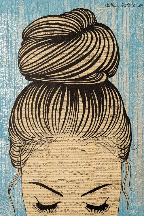 Wall art of the top part of a woman's face and high bun hairstyle against blue background by Martina Niederhauser-Landtwing