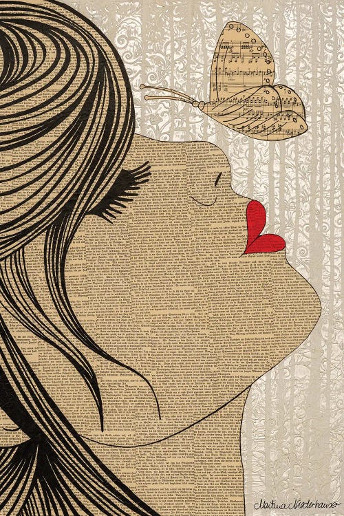 Wall art of a woman’s profile with red lips looking up at butterfly against old book page by Martina Niederhauser Landtwing
