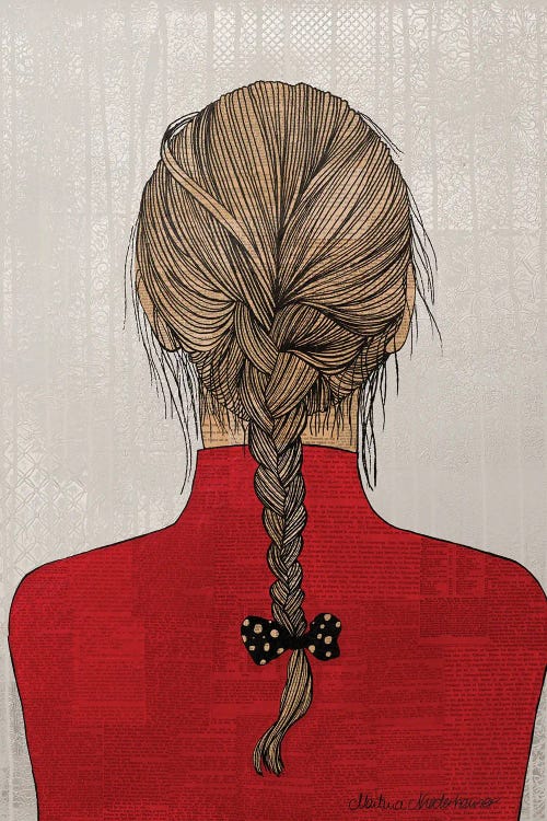 Wall art of the back of a woman’s head with a braid tied with polka dot bow wearing red shirt by Martina Niederhauser-Landtwing