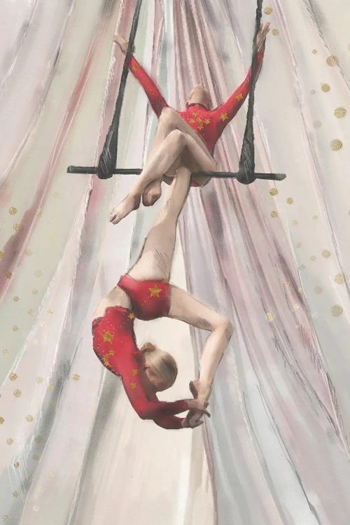 Painting of two acrobatic women in red on a swing under a white big top by new iCanvas creator Natalie Ryan