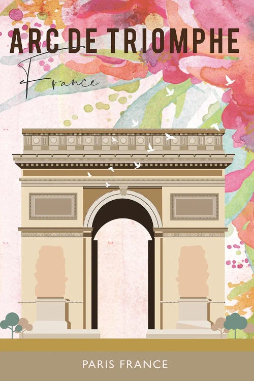 Travel poster of the Arc De Triomphe in Paris, France with pink and green colors and white birds by Natalie Ryan