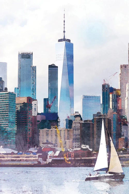 Illustration of a sailboat sailing in front of NYC skyline by new iCanvas artist Natalie Ryan
