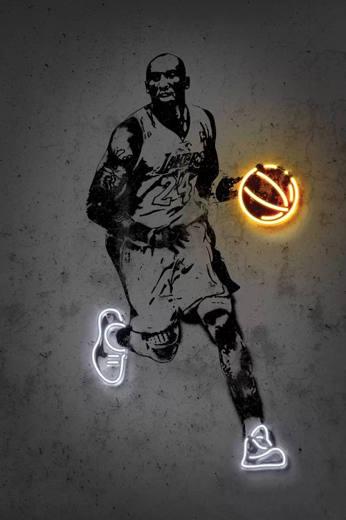 Black and white sport art of Kobe Bryant with orange neon basketball and white neon shoes by iCanvas artist Octavian Mielu