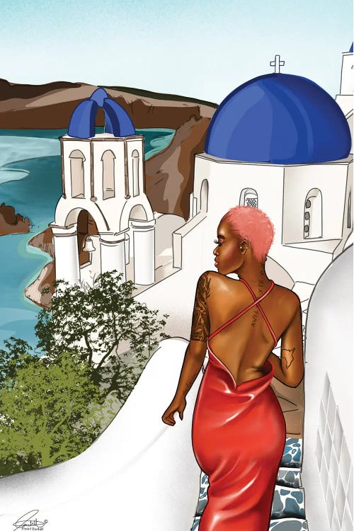 Illustration of the back of a black woman with pink hair in red dress looking out over Santorini, Greece by Peniel Enchill