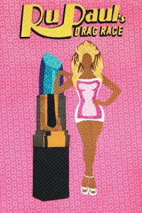 LGBTQ art of a pink Rupaul’s Drag Race poster featuring a faceless Rupaul next to lifesize gold tube of blue lipstick