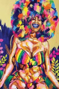 LGBTQ art of a black woman wearing rainbow colored bikini with rainbow colored natural afro by Poetically Illustrated