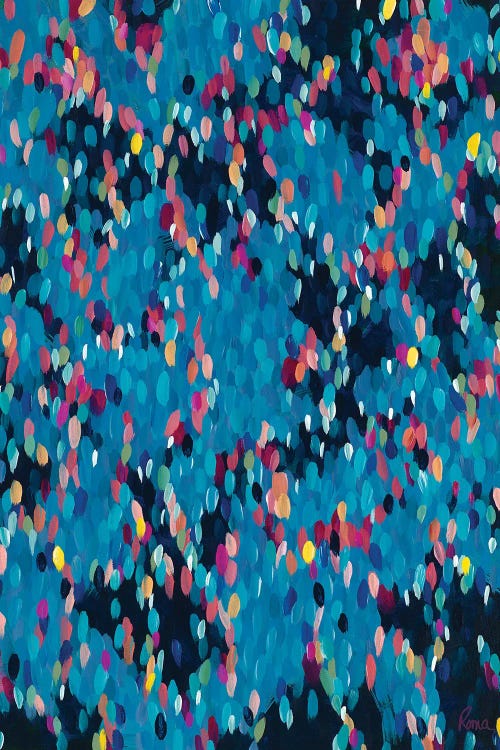 Blue abstract paint featuring pink and yellow dots throughout by new iCanvas artist Roma Osowo