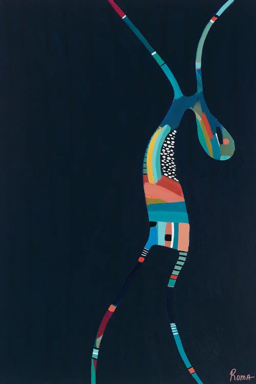 Abstract painting of a colorful figure against a dark background by new iCanvas creator Roma Osowo