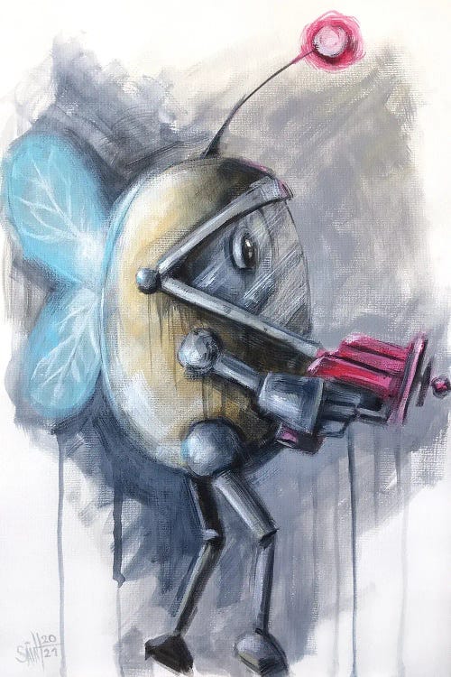 Robot art of a gray robot with blue wings holding pink gun by new iCanvas creator Ruslan Aksenov