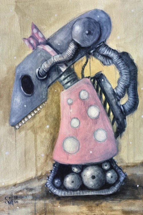 Robot art of a robot with teeth in a pink polka dot dress and bow by new iCanvas artist Ruslan Aksenov