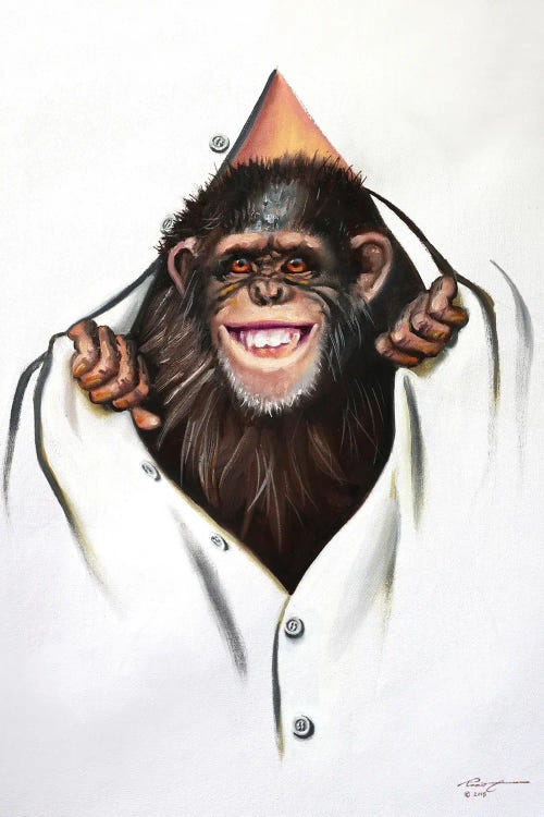 Oil painting of a chimp popping out of a white shirt by new iCanvas creator D Rusty Rust