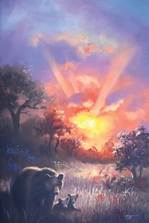 Fine art featuring a mother bear and her cubs with a sunset behind them by iCanvas artist D. Rusty Rust