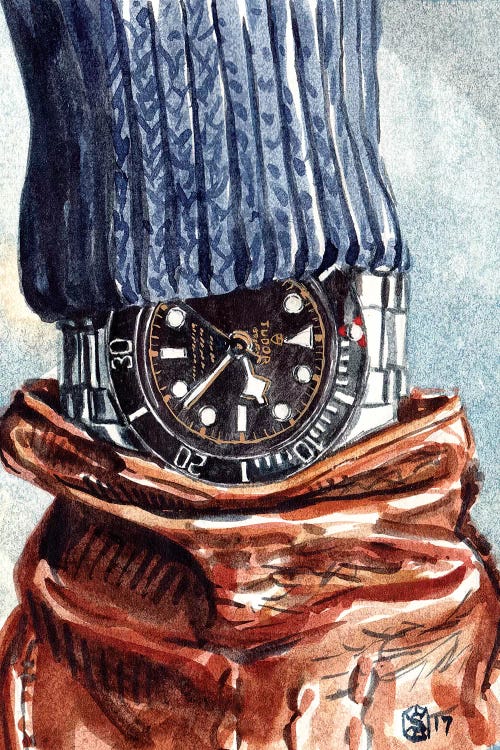 Sophisticated art closeup of a wrist watch, brown glove and blue sweater by iCanvas artist Sunflowerman