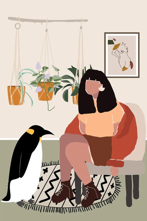 Wall art of faceless woman sitting in chair next to penguin in front of hanging plants by Jania Sharipzhanova