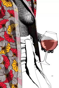 Wine wall art of woman in colorful floral shirt with exposed breast holding glass of red wine by iCanvas artist Ohab TBJ