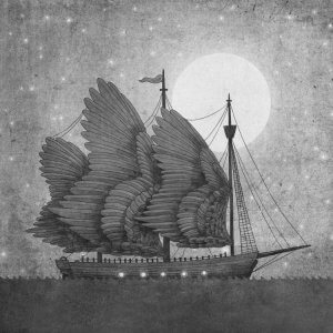 Black and white sailing art of a ship with wings for sails against a moon and starry sky by Terry Fan