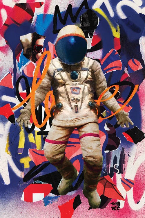 Wall art of an astronaut at the forefront of a spray painted abstract background by new artist TOMADEE