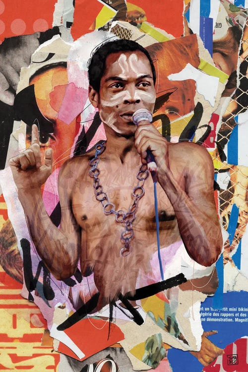 Wall art of Fela Kuti speaking into a mic in front of a vibrant collaged background by TOMADEE
