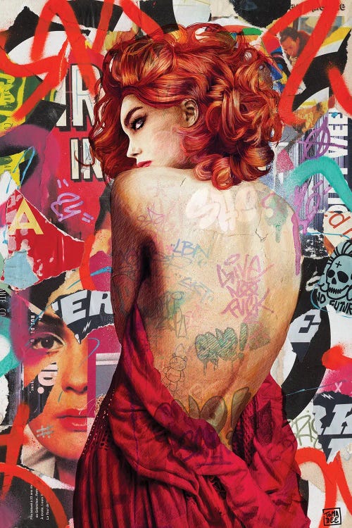 Wall art of a red headed woman in front of spray paint and a magazine collage by new iCanvas creator TOMADEE