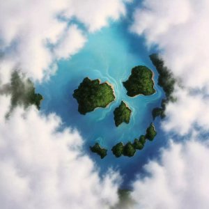 Aerial view of islands through clouds forming a smiling skull by iCanvas artist Jerry Lofaro
