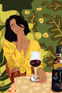 Wine o clock art of indian woman drinking red wine in front of green botanical background by iCanvas artist 83 Oranges
