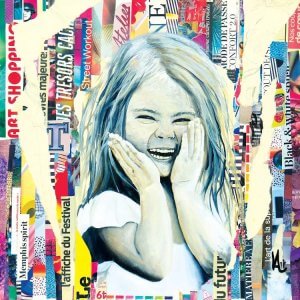 Wall art of little girl smiling with hands on her face against magazine collage background by iCanvas artist Val Escoubet