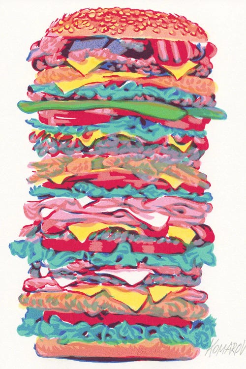 Colorful wall art of a towering burger with several layers by iCanvas artist Vitali Komarov
