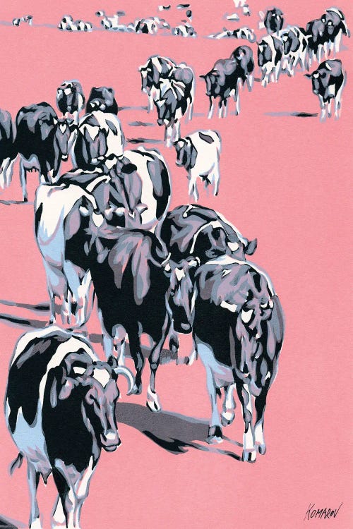 Wall art of a herd of black and white cows walking across a pink field by new iCanvas creator Vitali Komarov