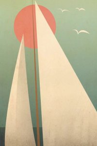 Minimalist sailing art of a ship’s white sails against a pink sunk, blue-green sky and white seagulls by Ryan Fowler