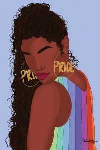 Pride month art of a Black woman wearing gold PRIDE hoops wearing rainbow shirt by iCanvas artist Winnie Weston