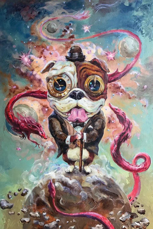 Surreal art of an otherworldly bull dog in the sky by pink snakes by new iCanvas creator Zoya Koinash