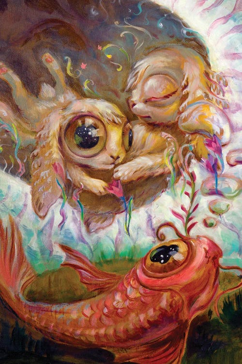 Surreal art of two bunny creatures and a red fish by new creator Zoya Koinash