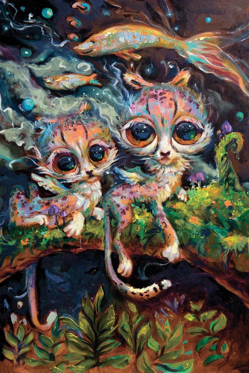 Surreal art of two cats on a branch below two fish by new iCanvas artist Zoya Koinash
