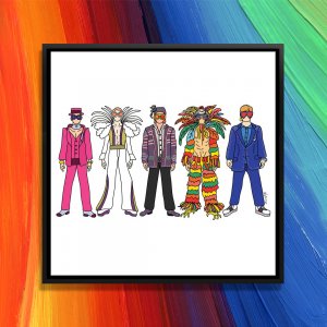 LGBTQ icon art of Elton John in five of his most memorable looks by iCanvas artist Notsniw Art