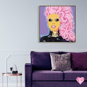 Pop art of RuPaul with pink hair and gold choker against purple background by iCanvas artist Corey Plumlee
